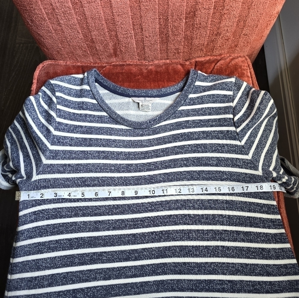 French Connection Cotton Striped Tee Mini Rolled Sleeves Front Pocket Navy Sz. 6 - Picture 6 of 9